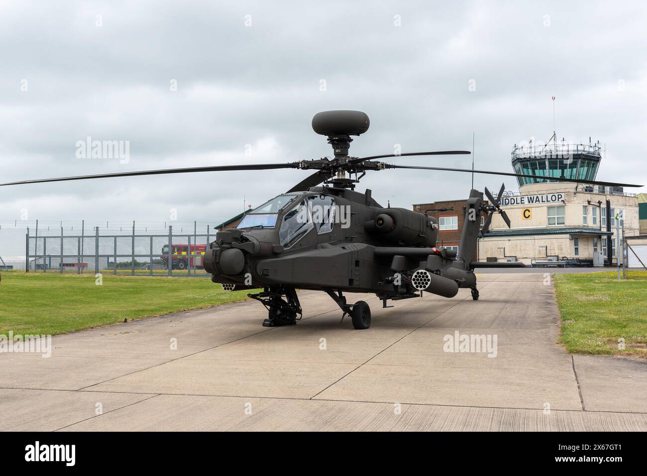 Middle Wallop, UK, 13 May, 2024. An Apache helicopter is parked as His Majesty King Charles III  officially handed over the role of Colonel-in-Chief of the Army Air Corps to His Royal Highness The Prince of Wales at the Army Aviation Centre in Middle Wallop, Hampshire. Credit: A.A. Gill/Alamy Live News Stock Photo