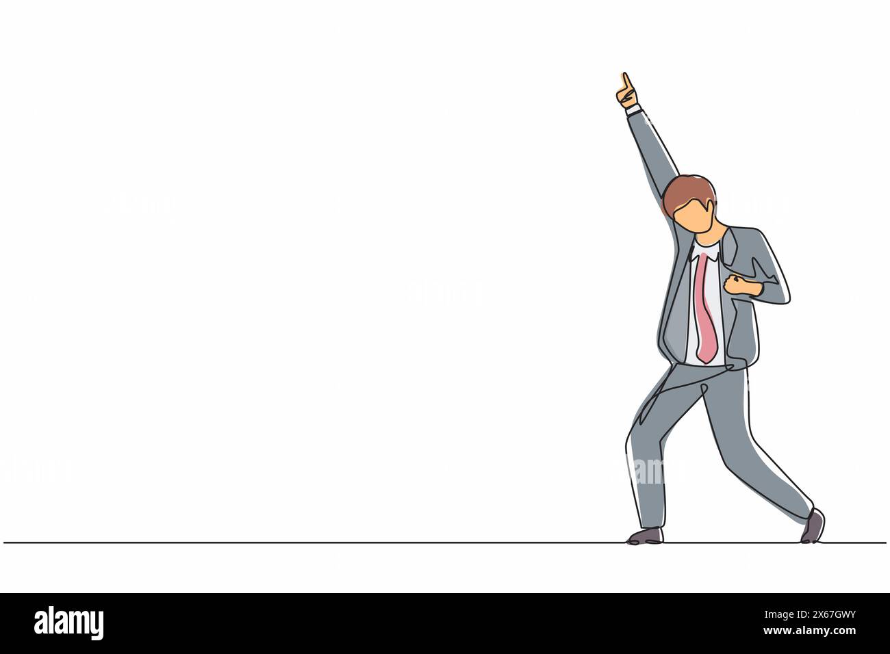 Continuous one line drawing happy businessman standing with raise one hand and the other hand pose yes. Office worker celebrate success of company pro Stock Vector