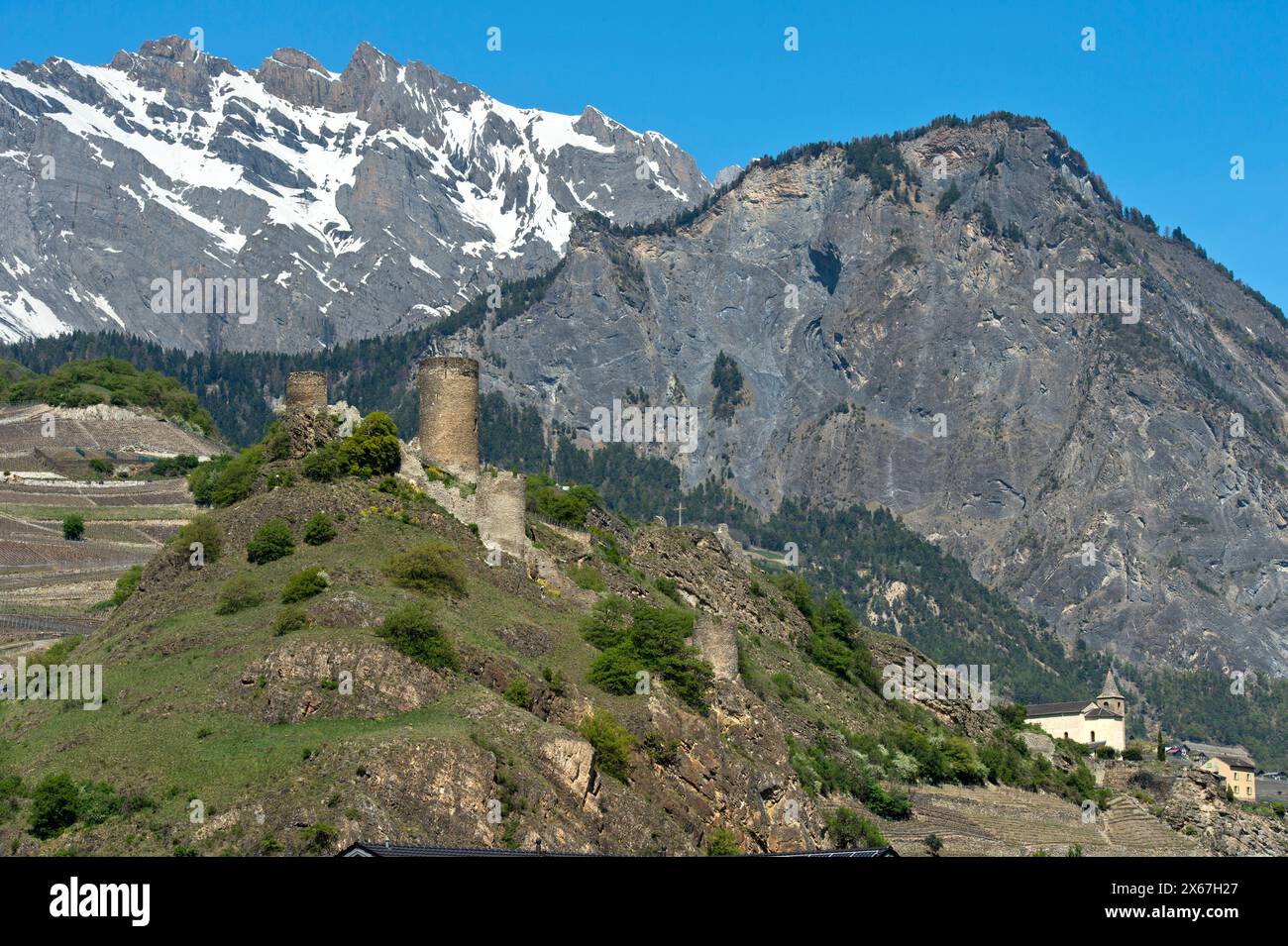 Saillon castle ruins with the Bayard Tower, Saillon, Valais, Switzerland Stock Photo