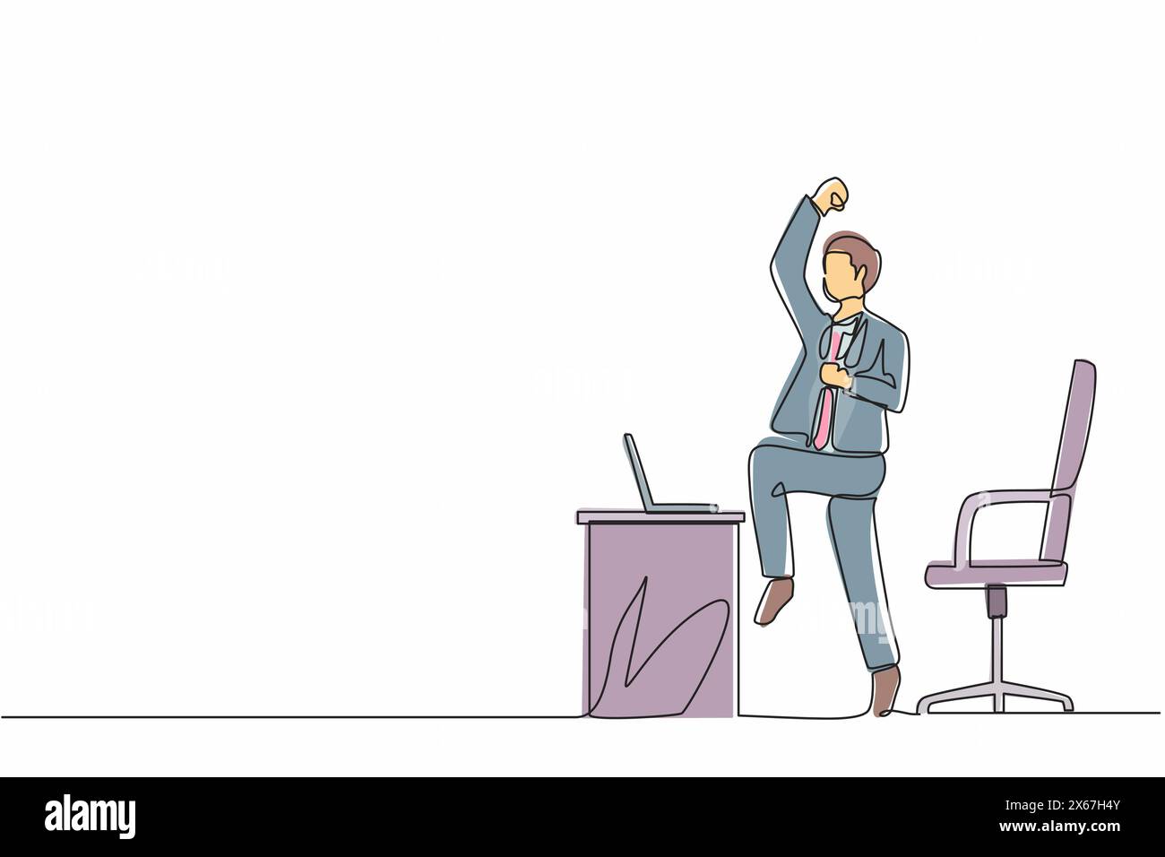 Single one line drawing happy businessman jumping and dancing on the his workplace. Male manager celebrating success of increasing company's product s Stock Vector