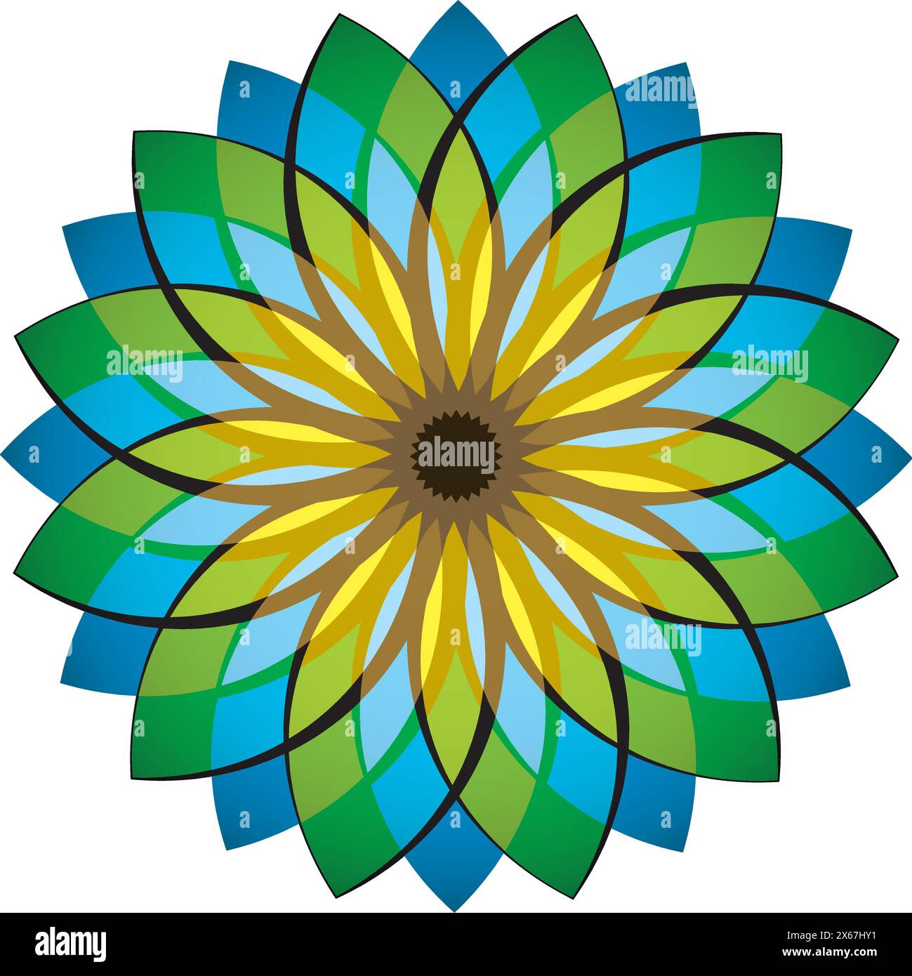 Symmetrical and radiant Mandala illustration with shades of green, yellow, blue, and brown Stock Vector