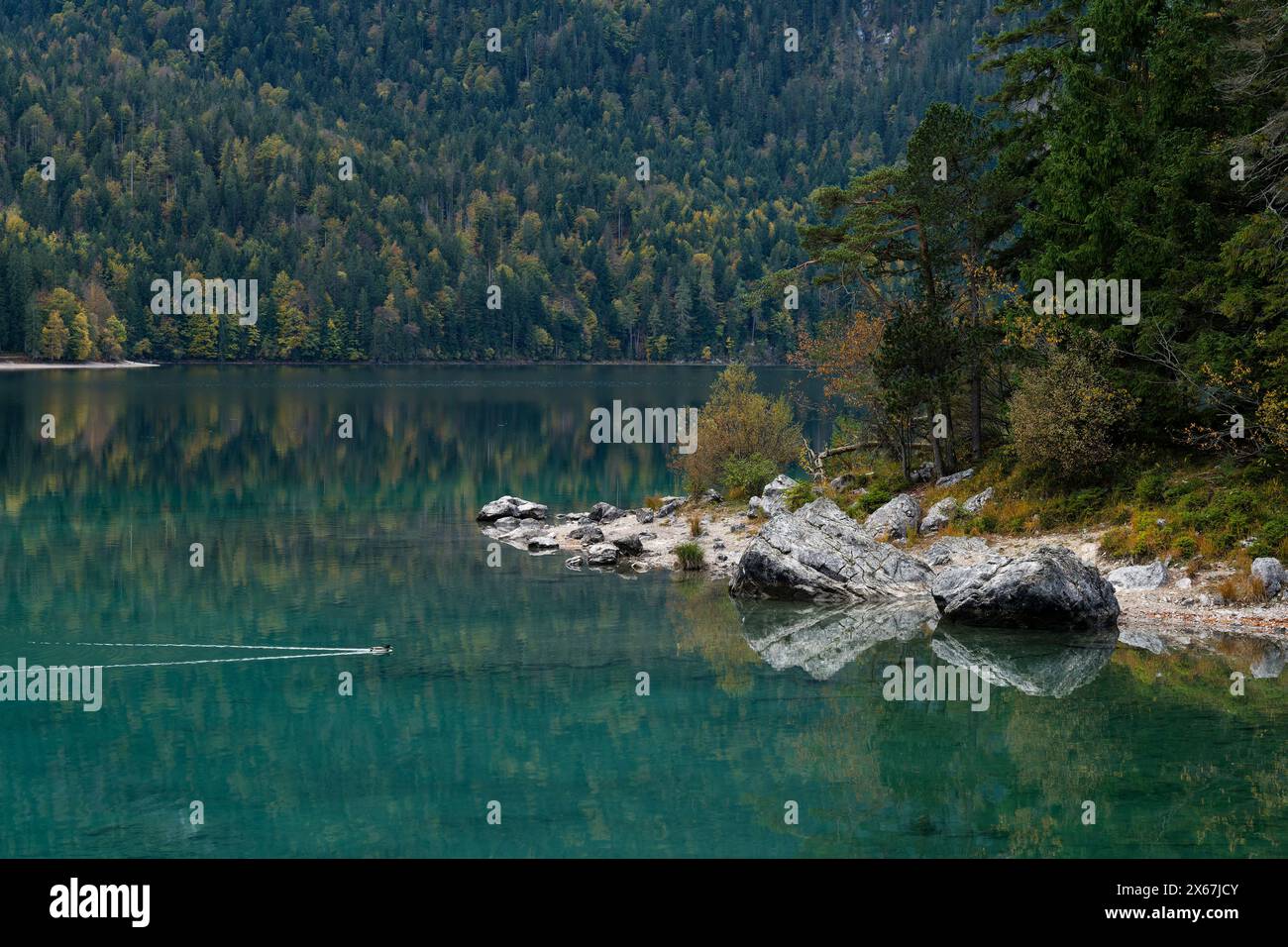 Eibsee lake near Grainau, fall atmosphere, Bavarian Alps near Garmisch-Patenkirchen, Zugspitz region, Germany, Bavaria Stock Photo