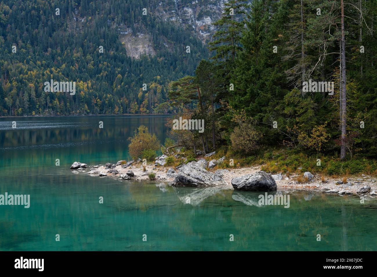 Eibsee lake near Grainau, fall atmosphere, Bavarian Alps near Garmisch-Patenkirchen, Zugspitz region, Germany, Bavaria Stock Photo