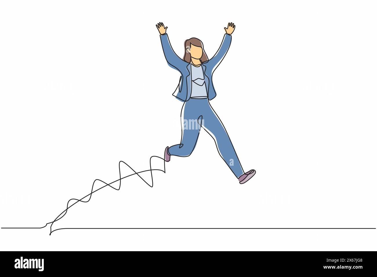 Single continuous line drawing happy businesswoman jump with both hands ...