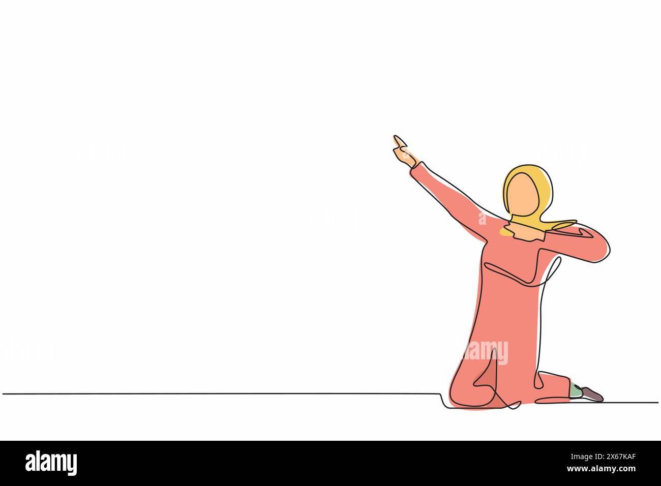 Single one line drawing happy Arab businesswoman kneeling with celebrating goal pose. Female manager celebrating success of increasing company product Stock Vector