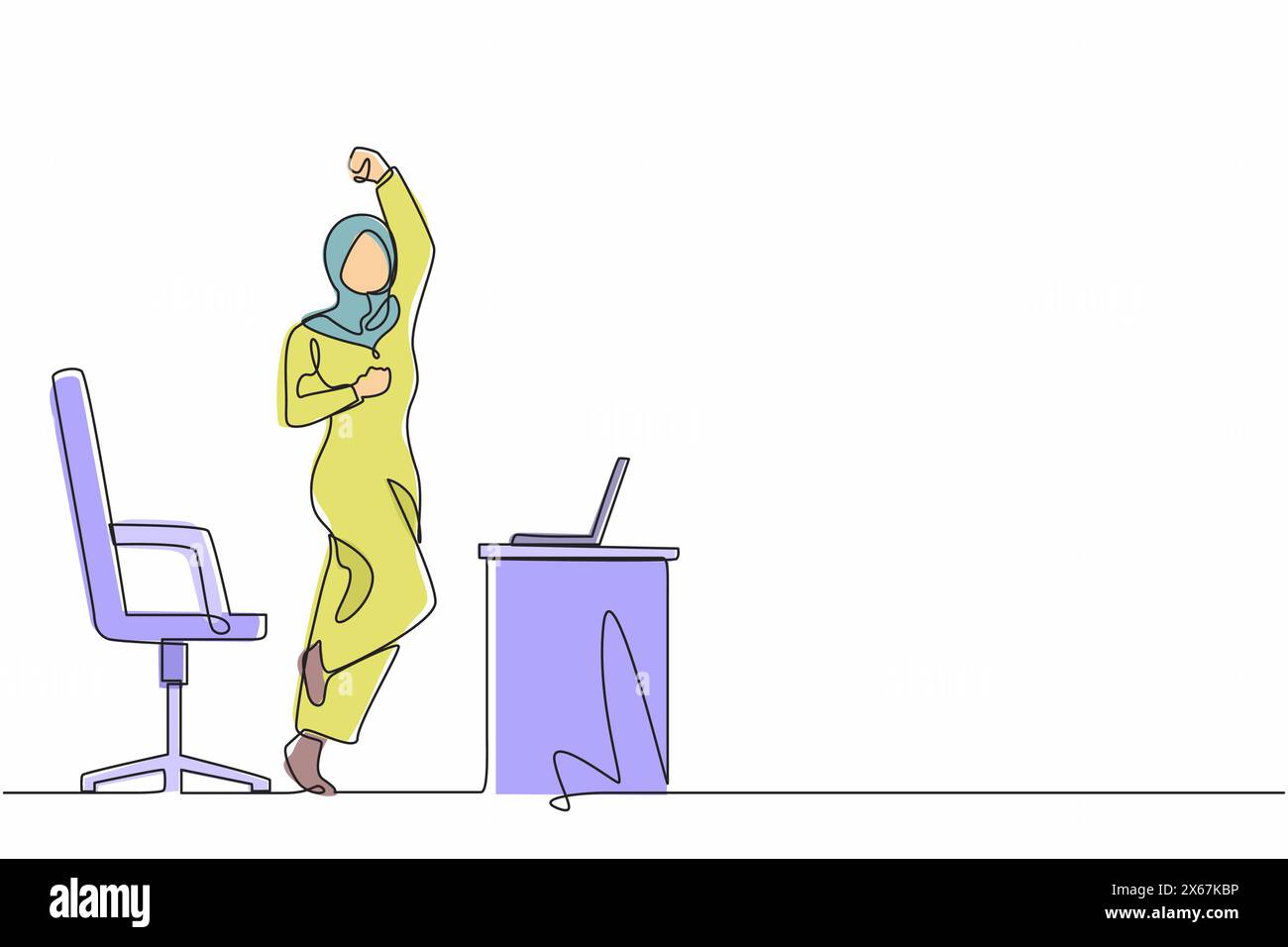 Single one line drawing happy Arabian businesswoman jumping and dancing on her workplace. Female manager celebrating success of increasing company pro Stock Vector