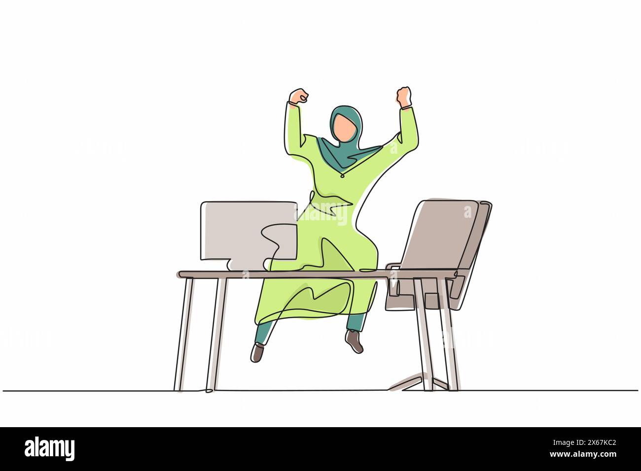 Single one line drawing happy Arab businesswoman jump with raised hands on her workplace. Female manager celebrating success of increasing company pro Stock Vector