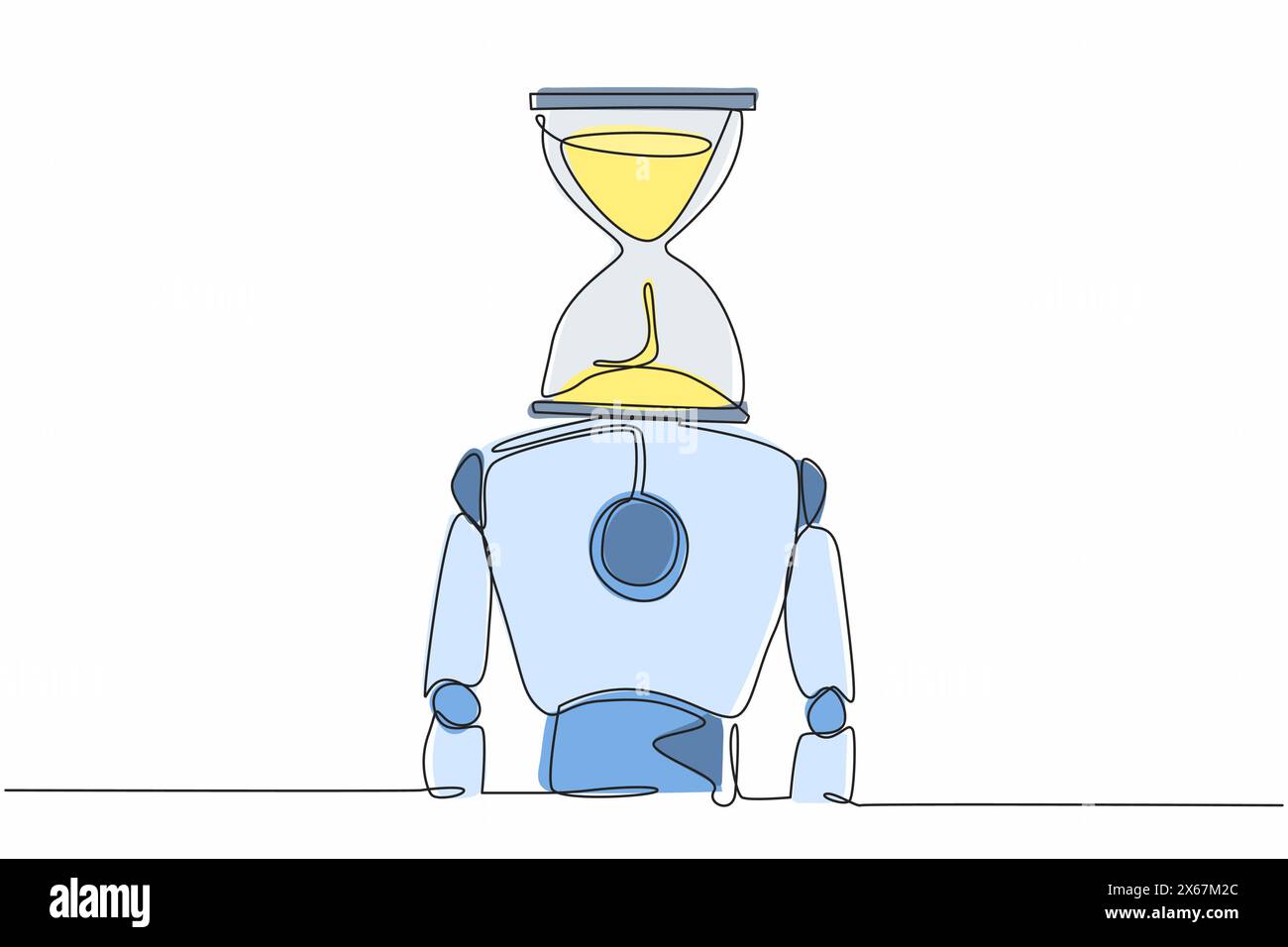 Single one line drawing robot with hourglass instead of head. Future technology development. Artificial intelligence and machine learning process. Con Stock Vector