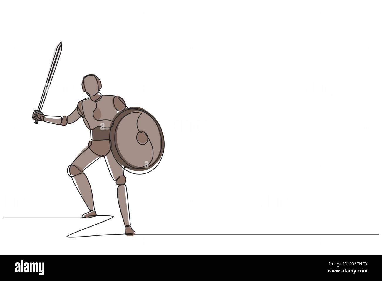 Single one line drawing robot with sword and shield furiously attacks ...
