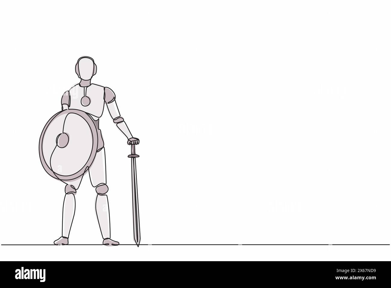 Continuous One Line Drawing Robots Stands Holding Big Sword And Shield Continuous One Line Drawing Robots Stands Holding Big Sword And Shield