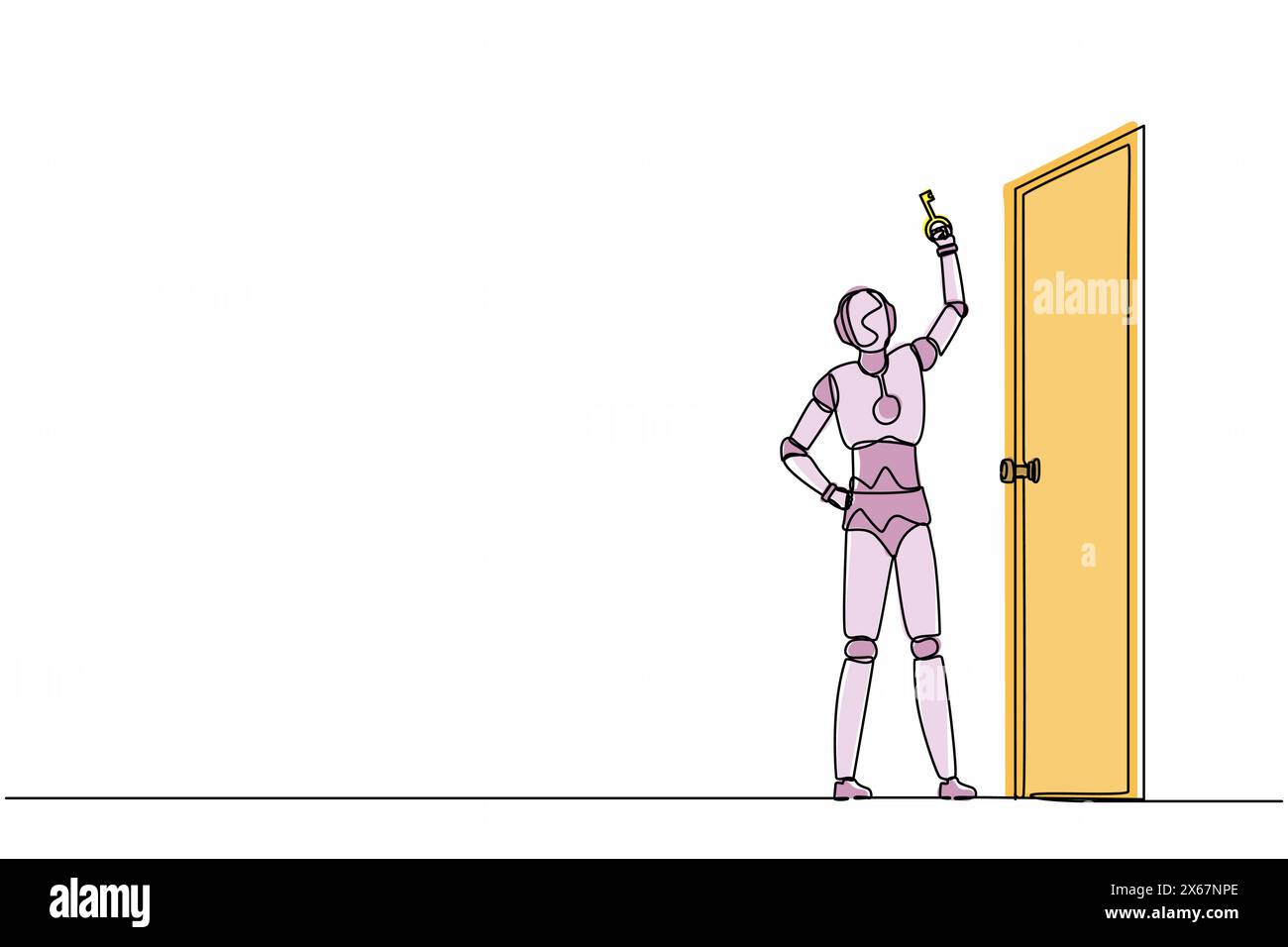 Single one line drawing robot lifting up key in front of door. Future technology development. Artificial intelligence machine learning process. Contin Stock Vector