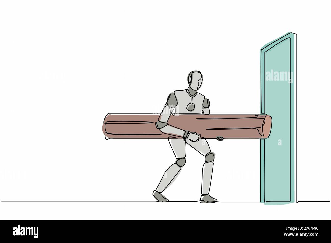 Single one line drawing robot holding large log to destroying door ...
