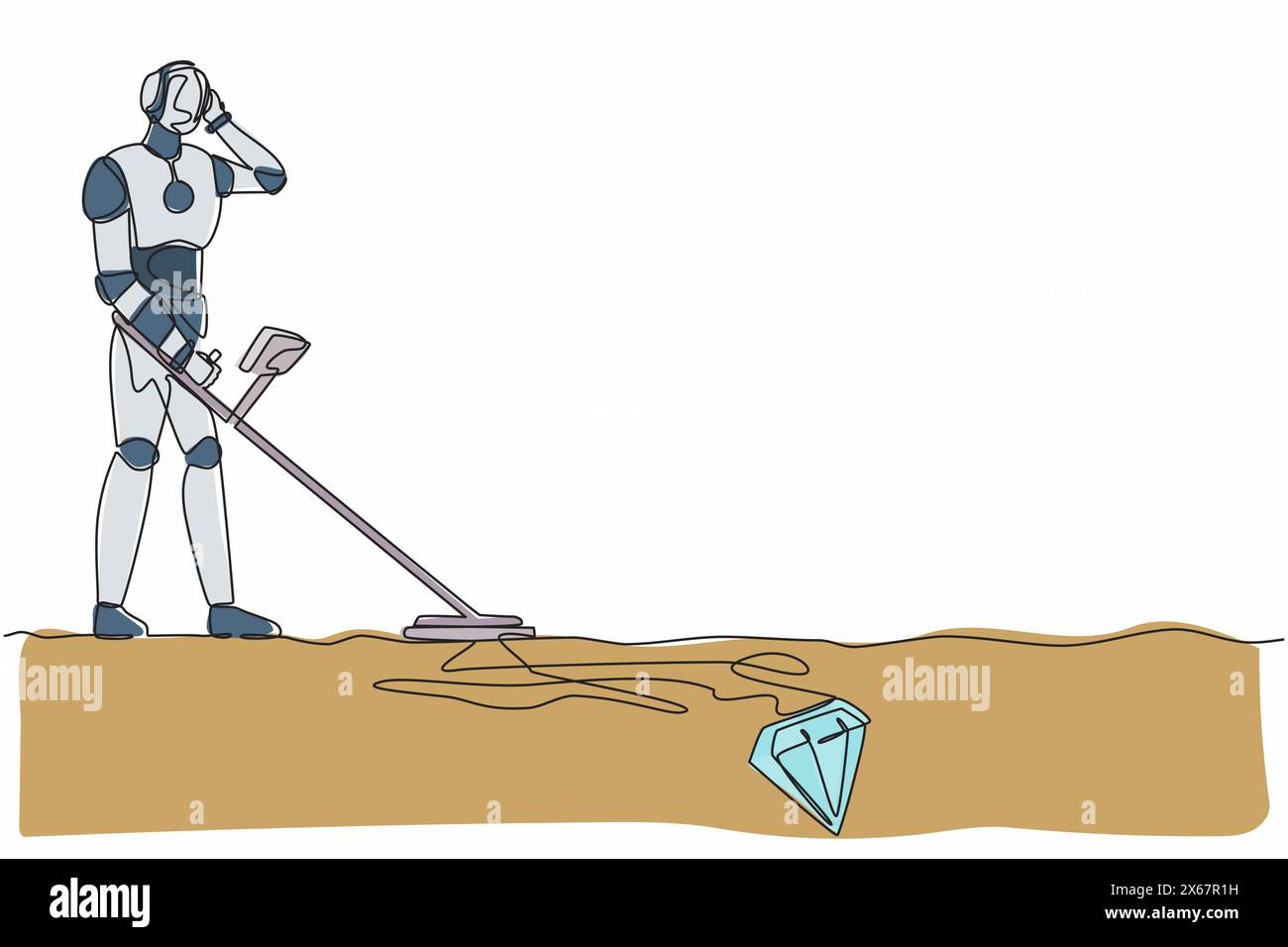 Single one line drawing robot with metal detector looking for diamonds. Future technology development. Artificial intelligence and machine learning. C Stock Vector