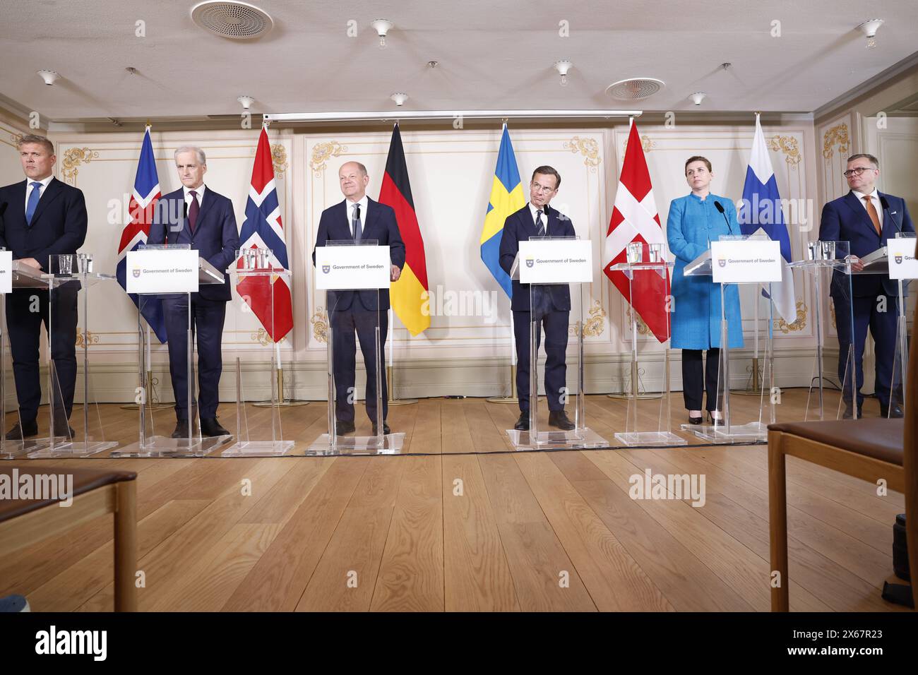 Stockholm, Sweden. 13th May, 2024. STOCKHOLM, SWEDEN 20240513(L-R) Iceland's Prime Minister Bjarni Benediktsson, Norway's Prime Minister Jonas Gahr Støre, Germany's Chancellor Olaf Scholz, Sweden's Prime Minister Ulf Kristersson, Denmark's Prime Minister Mette Frederiksen and Finland's Prime Minister Petteri Orpo hold a joint news conference on Skeppsholmen in Stockholm, Sweden, May 13, 2024, during a two day long Nordic meeting of prime ministers, on security and competitiveness. Photo: Christine Olsson/TT/Code 10430 Credit: TT News Agency/Alamy Live News Stock Photo
