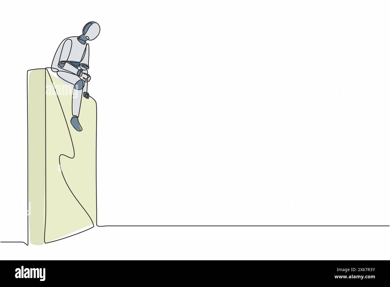 Single continuous line drawing robot sad sitting on wall thinking of ...