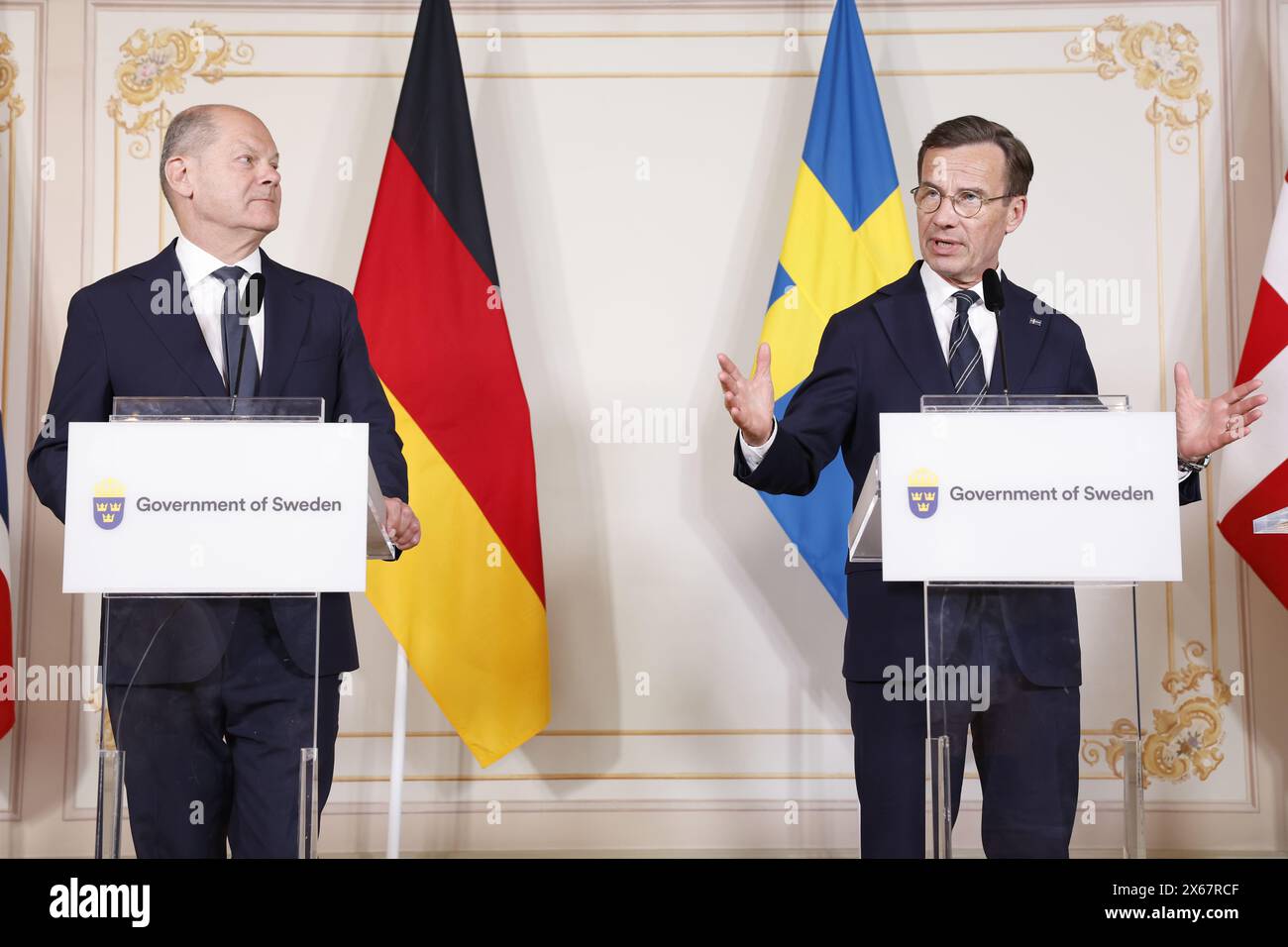 Stockholm, Sweden. 13th May, 2024. STOCKHOLM, SWEDEN 20240513German Chancellor Olaf Scholz (L) and Swedish Prime Minister Ulf Kristersson hold a joint press conference with the other Nordic Prime Ministers at Skeppsholmen in Stockholm, Sweden, May 13, 2024, during a two-day Nordic Prime Minister's meeting on security and competitiveness. Photo: Christine Olsson/TT/Code 10430 Credit: TT News Agency/Alamy Live News Stock Photo
