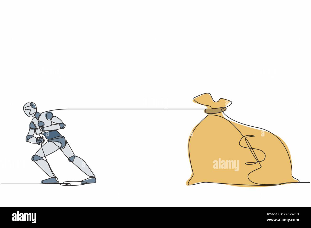 Single Continuous Line Drawing Robot Standing And Pulling Big Bag Of