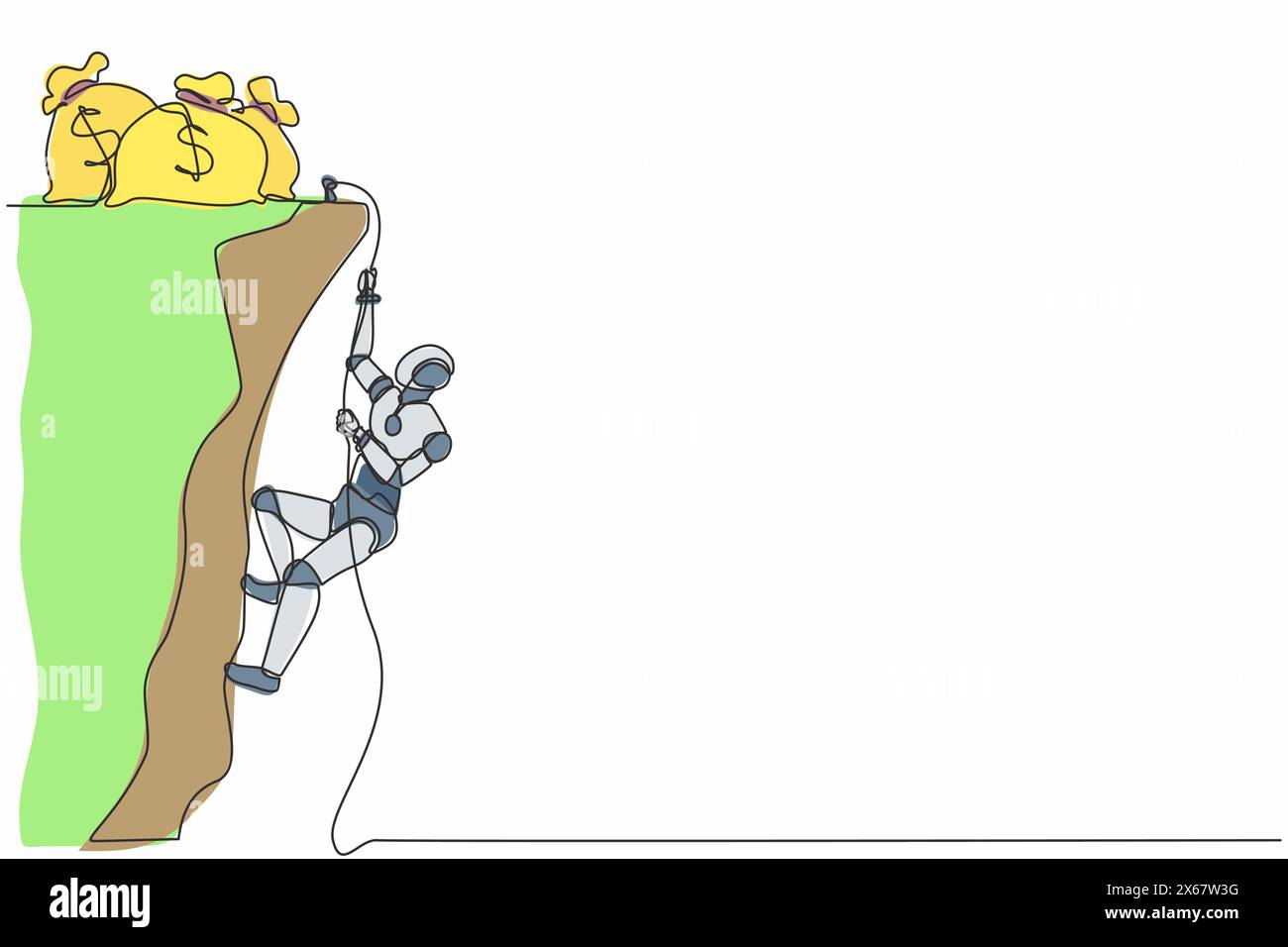 Single one line drawing robot doing rope climbing towards money bag ...