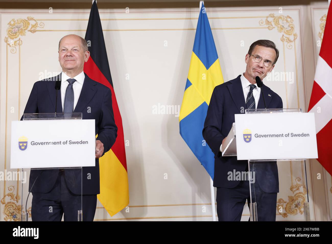 Stockholm, Sweden. 13th May, 2024. STOCKHOLM, SWEDEN 20240513German Chancellor Olaf Scholz (L) and Swedish Prime Minister Ulf Kristersson hold a joint press conference with the other Nordic Prime Ministers at Skeppsholmen in Stockholm, Sweden, May 13, 2024, during a two-day Nordic Prime Minister's meeting on security and competitiveness. Photo: Christine Olsson/TT/Code 10430 Credit: TT News Agency/Alamy Live News Stock Photo