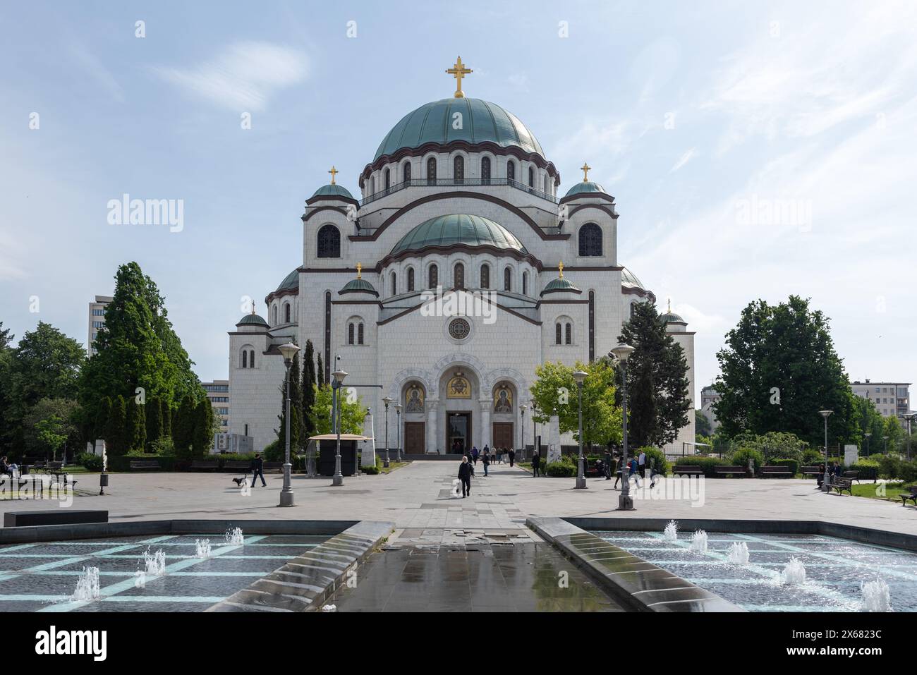 Exterior of St Sava church in Belgrade, with fountains and trees ...