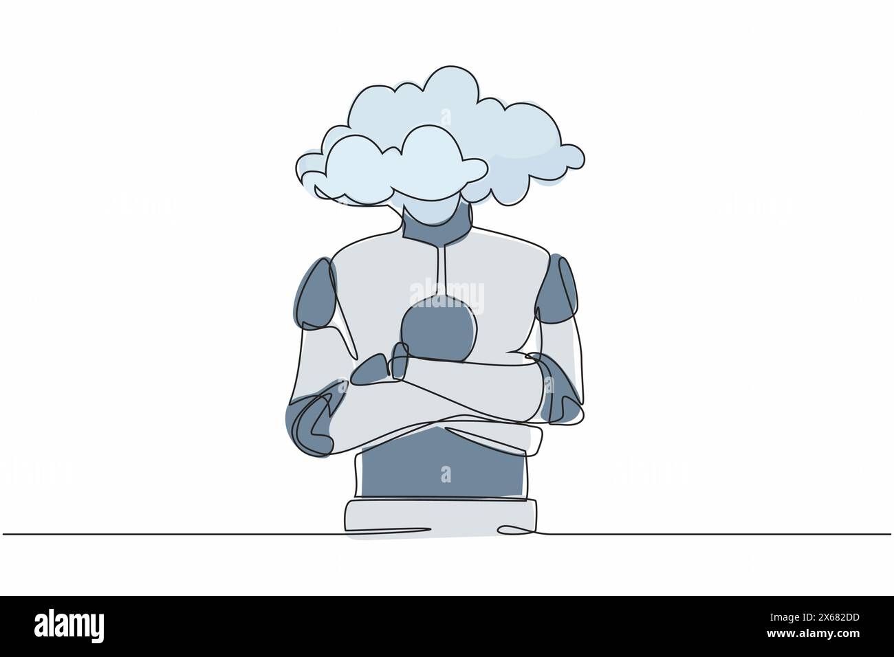 Continuous one line drawing cloud head robot. Robotic with empty head and cloud instead. Humanoid robot cybernetic organism. Future robotic developmen Stock Vector