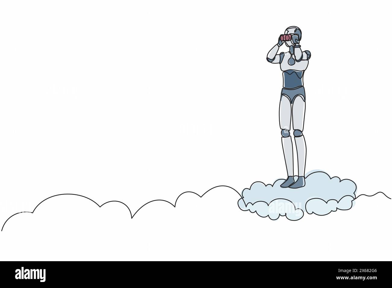 Single one line drawing robot on cloud holding binocular to search for ...