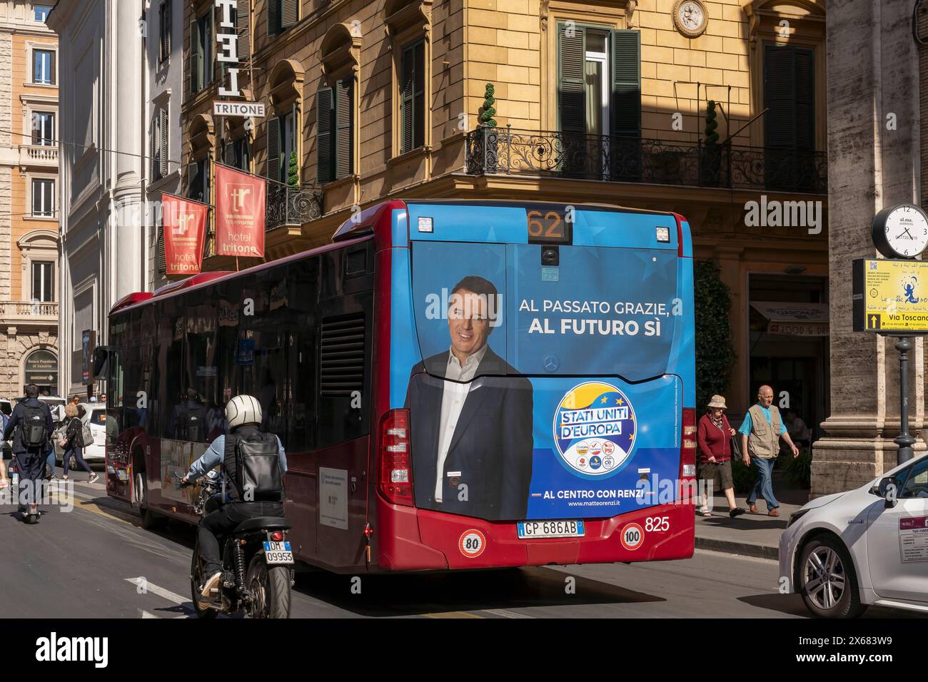 European elections 2024. Candidate Matteo Renzi leader of Stati Uniti d'Europa (United States of Europe) Party. Bus election poster. Rome Italy Europe Stock Photo