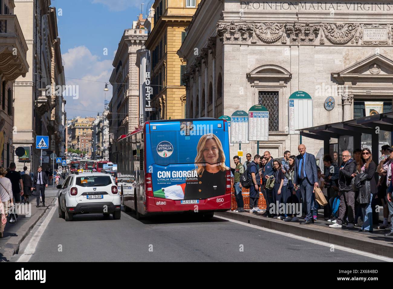 European elections 2024. Italian Prime Minister Giorgia Meloni, leader of Fratelli d'Italia FdI (Brothers of Italy) party. Bus election poster. Rome Stock Photo