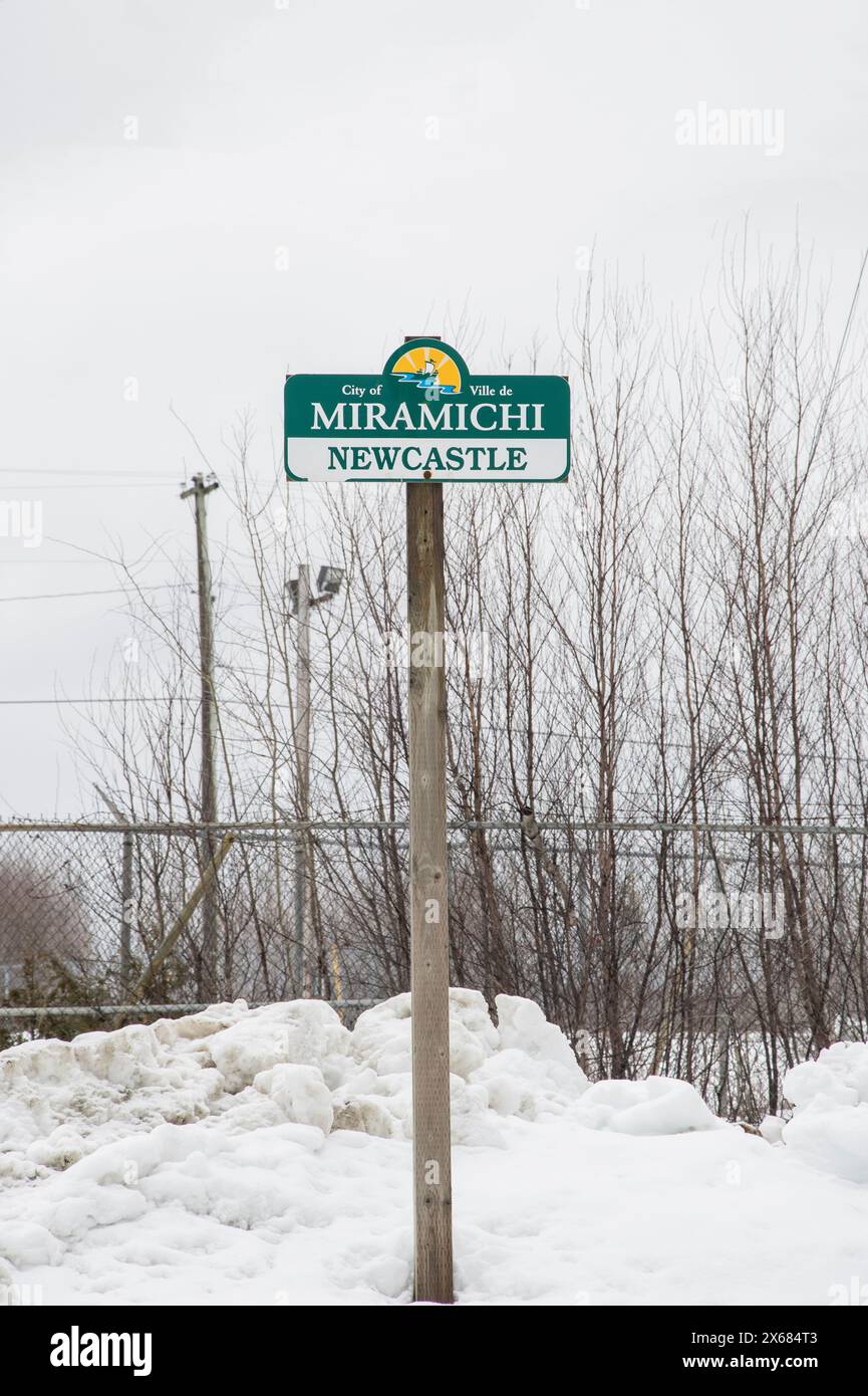 Welcome to Newcastle side of Miramichi sign in New Brunswick, Canada Stock Photo
