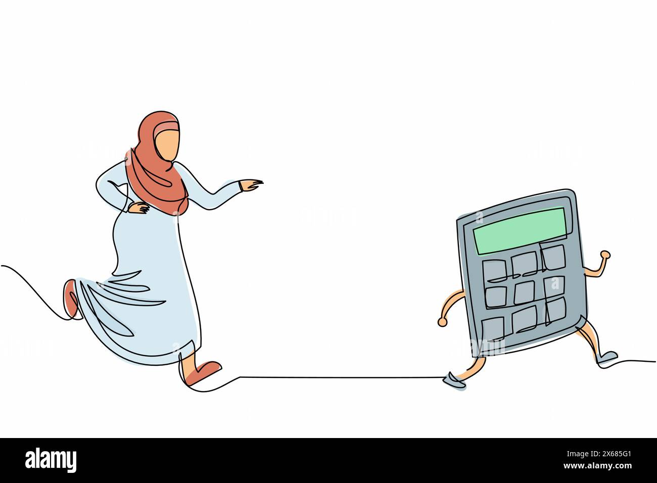 Single one line drawing Arab businesswoman chasing calculator. Equipment for accounting service, calculation of expenses, taxes, financial reporting. Stock Vector