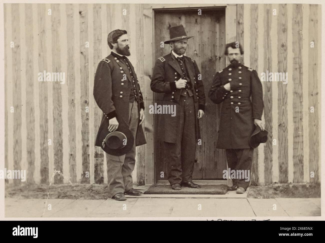 Brigadier General John A. Rawlins, left, Lieutenant General U.S. Grant, center, and Lieutenant Colonel Theodore S. Bowers at City Point, Virginia, Civil War Photographs 1861-1865 Stock Photo