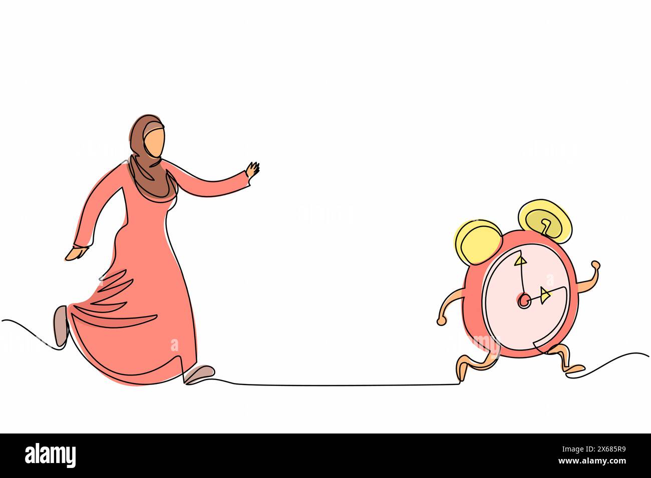 Single one line drawing Arab businesswoman chasing alarm clock. Hurry
