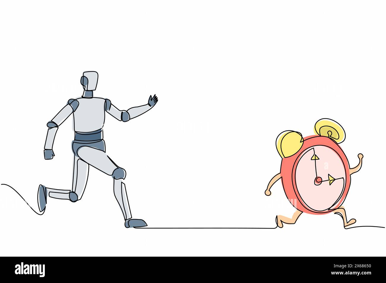 Single continuous line drawing robot chasing alarm clock. System ...