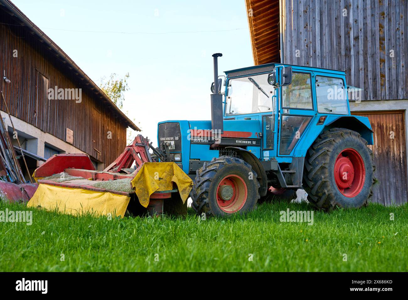 Bavaria, Germany - 11 May 2024: Eicher 3072 Turbo agricultural tractor on a farm in Bavaria *** Eicher 3072 Turbo landwirtschaftlicher Traktor auf einem Bauernhof in Bayern Stock Photo
