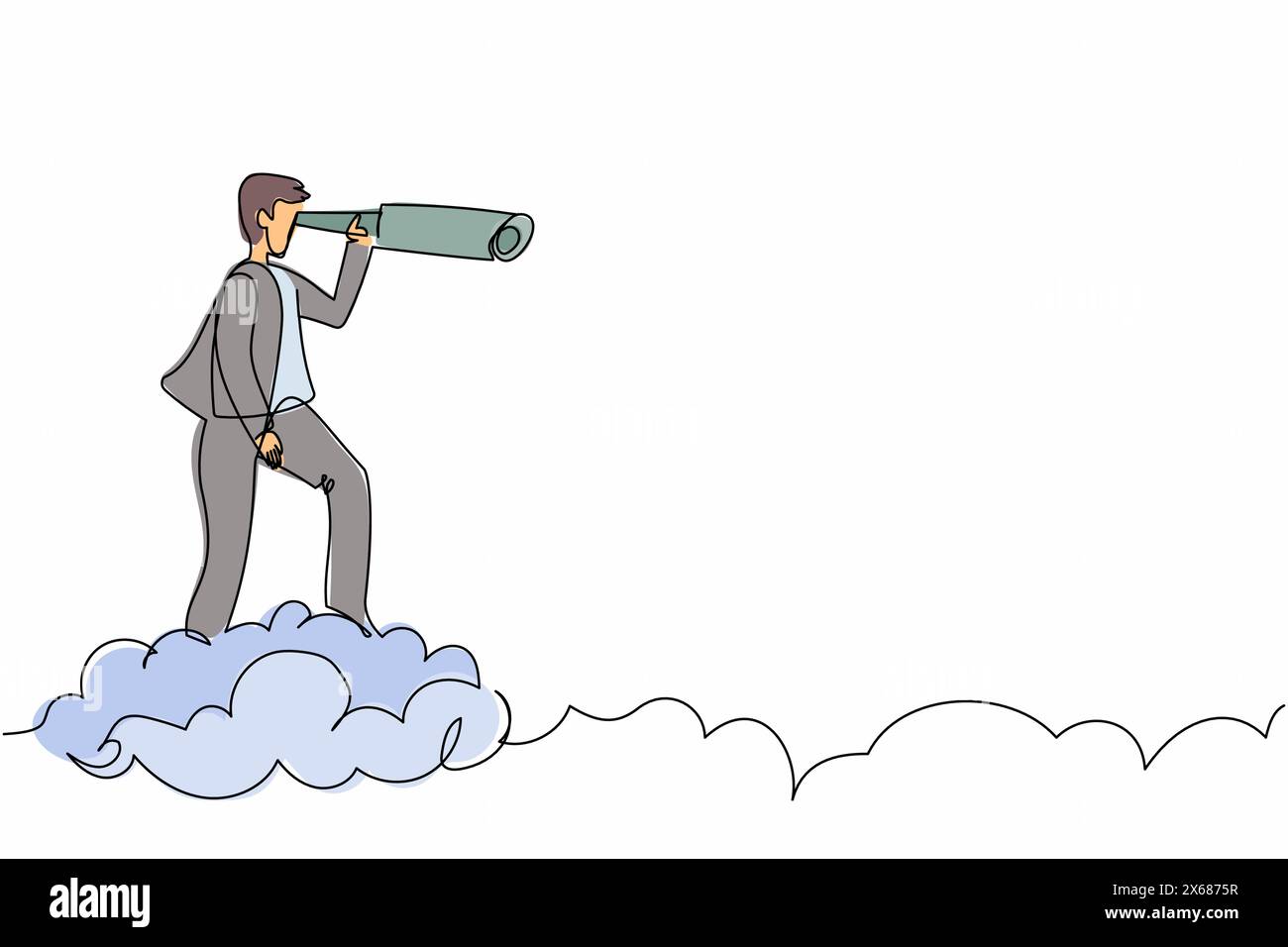 Continuous one line drawing businessman riding cloud holding telescope or binocular to search for business visionary. Leadership vision to see company Stock Vector