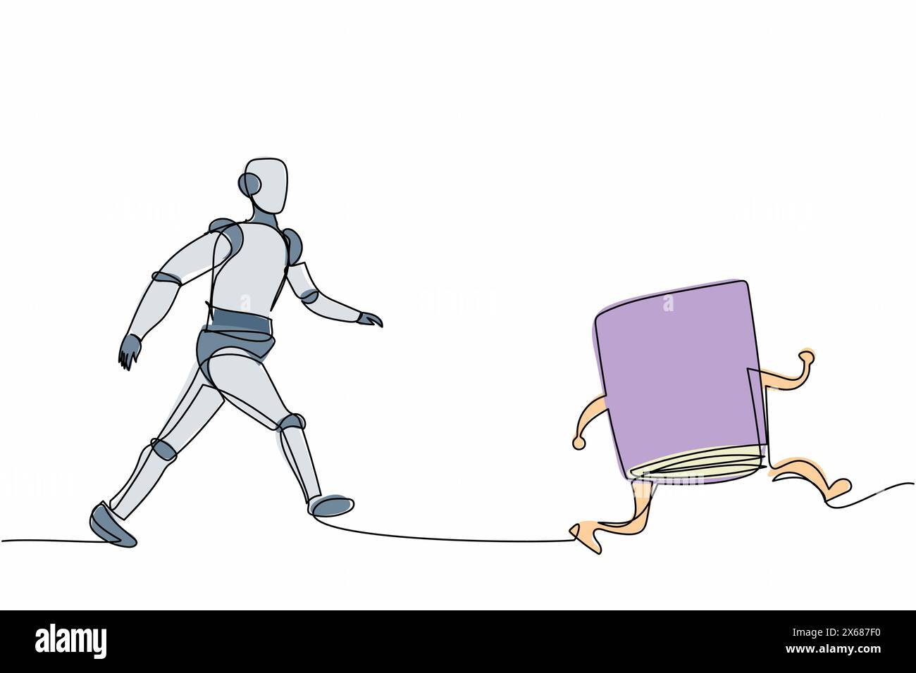 Single one line drawing robot run chasing textbook for learning aspiration. Future technology development. Artificial intelligence machine processes. Stock Vector