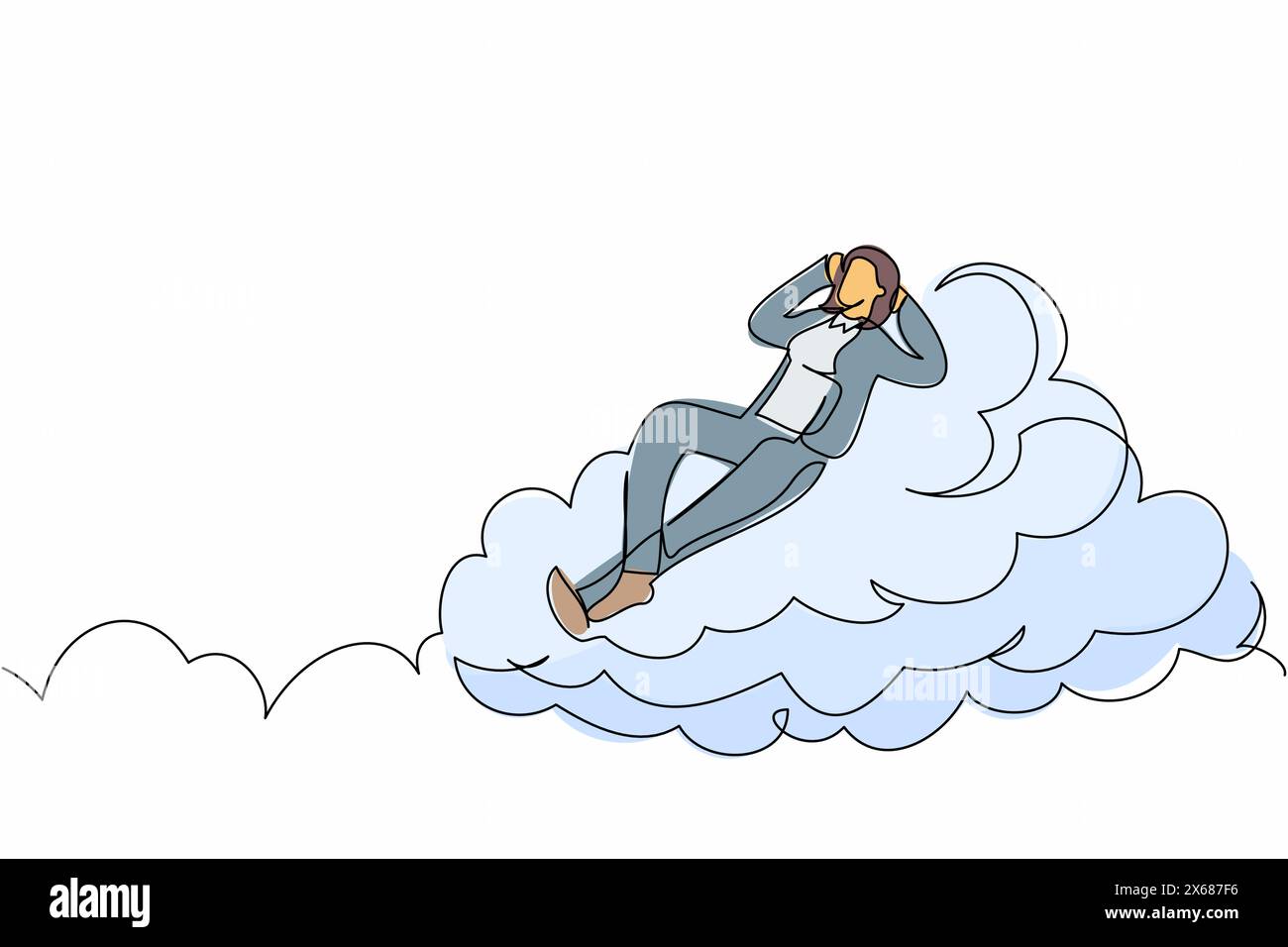 Continuous one line drawing happy successful businesswoman relaxing laying on clouds. Resting relaxation manager enjoy break time after office hour. S Stock Vector