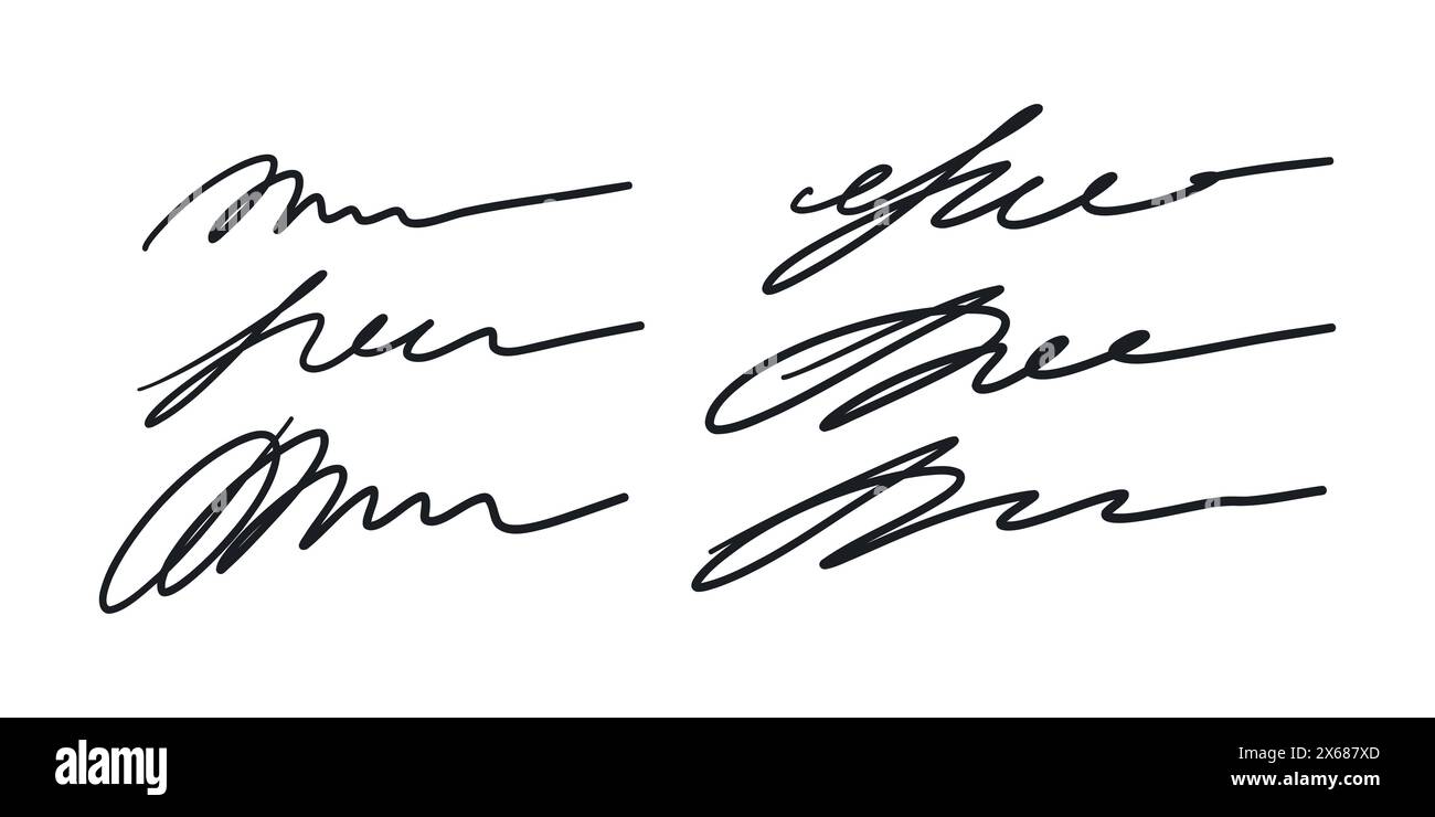 Fake set of autograph samples. Handwritten signatures, certificates and contracts in ink samples of documents and handwritten letters. Vector graphics Stock Vector