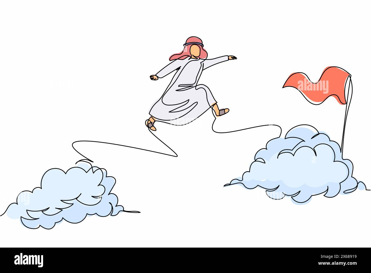 Single continuous line drawing Arab businessman jump over clouds to reach success, target or flag. Challenge career path. Taking risk business project Stock Vector