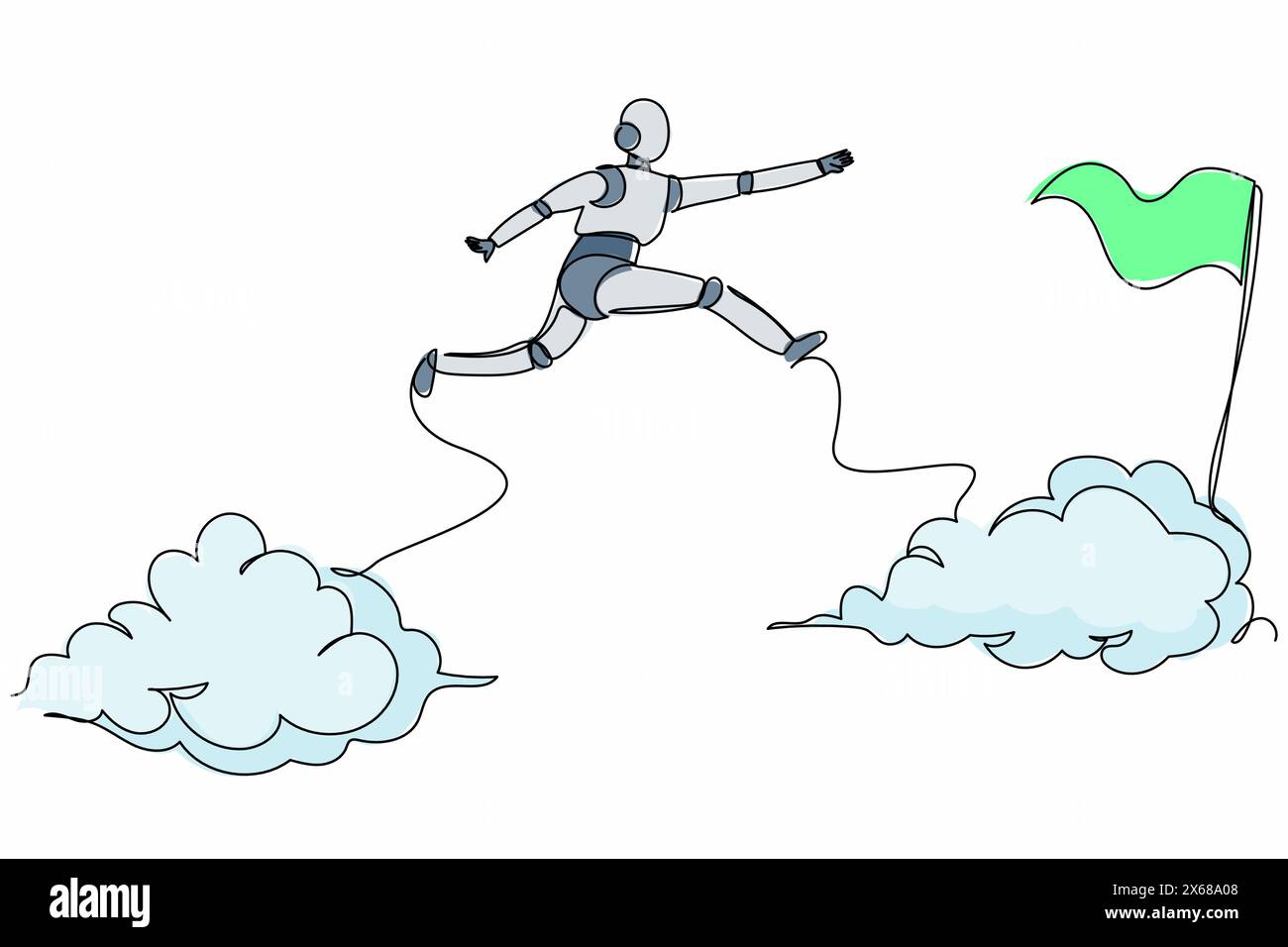 Continuous one line drawing robot jump over clouds to reach success, target, flag. Taking risk business project. Robot cybernetic organism. Future rob Stock Vector