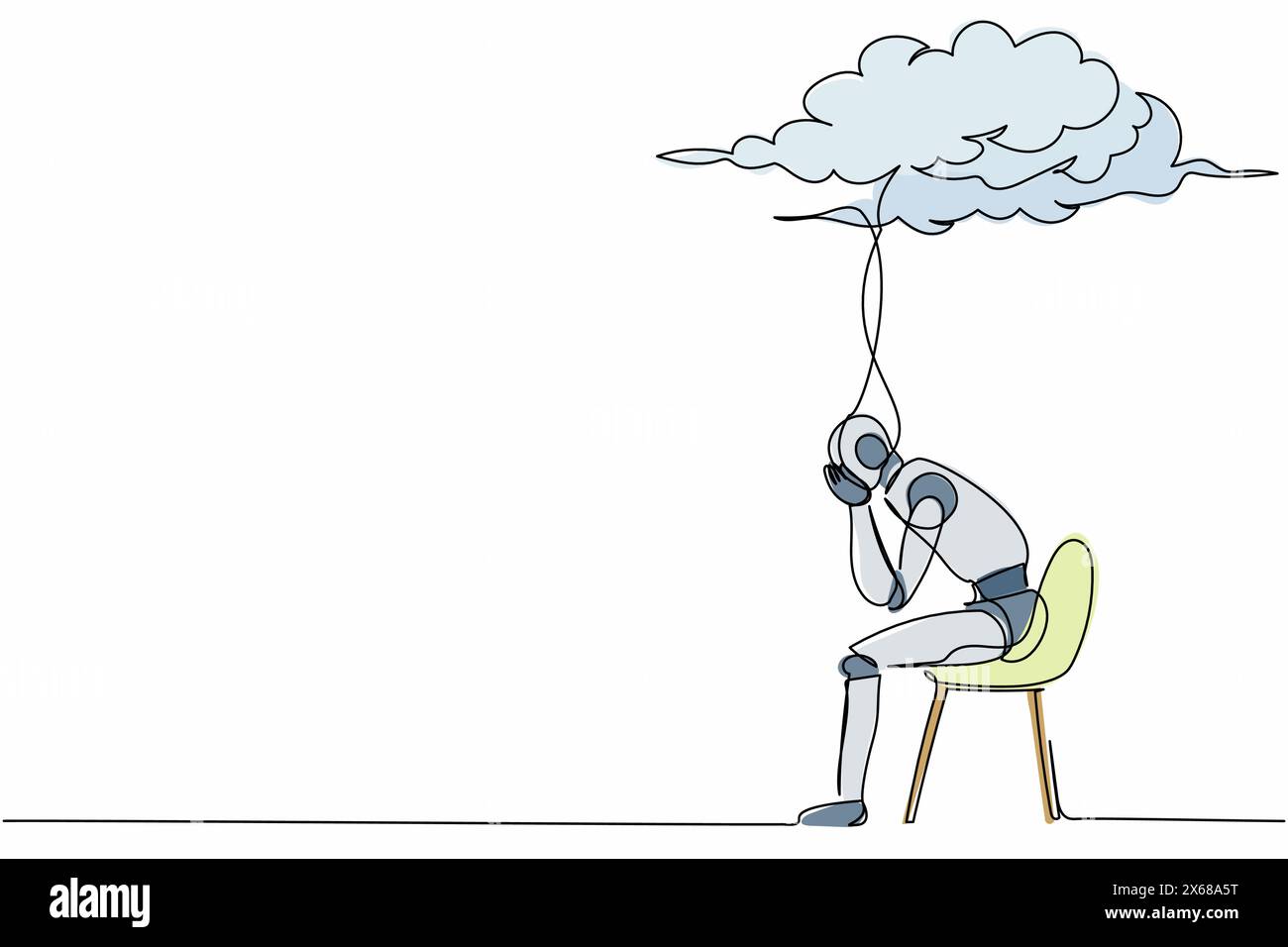 Continuous one line drawing sad robot sitting on chair under rain cloud ...