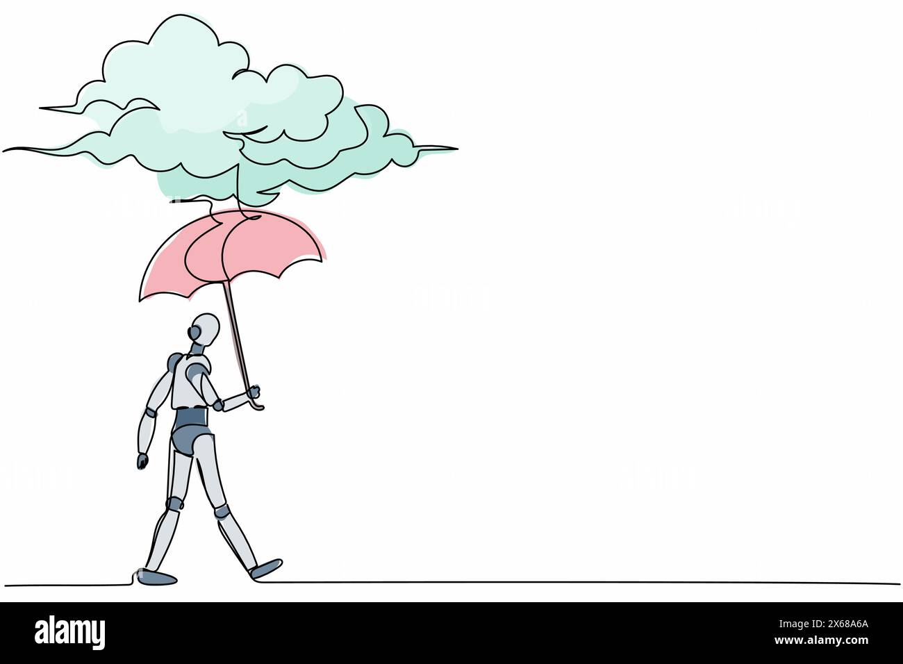 Continuous one line drawing robot walking with umbrella under rain ...