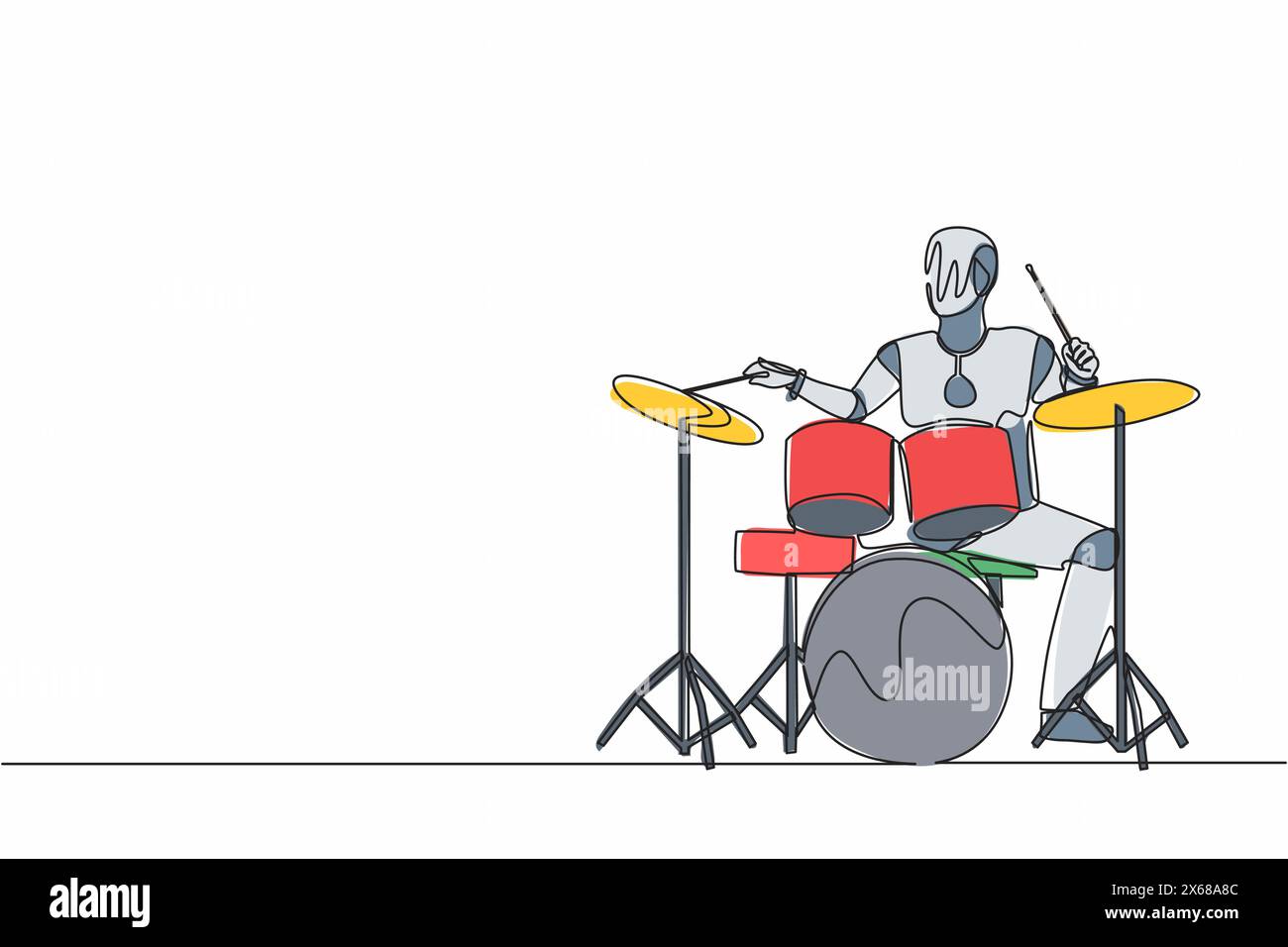 Single one line drawing robot playing drum instrument at music pop concert. Future technology development. Artificial intelligence and machine learnin Stock Vector