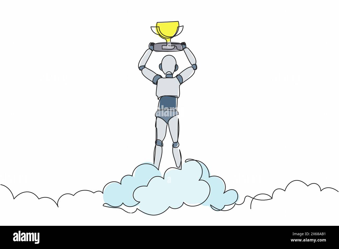 Single one line drawing robot holding trophy in cloud. Celebrates victory in sky. Future technology development. Artificial intelligence machine learn Stock Vector