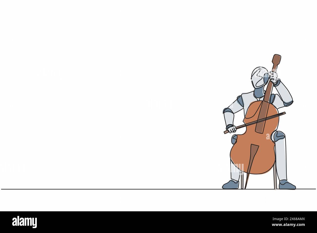 Single one line drawing robot playing stringed contrabass or cello. Future technology development. Artificial intelligence and machine learning. Conti Stock Vector