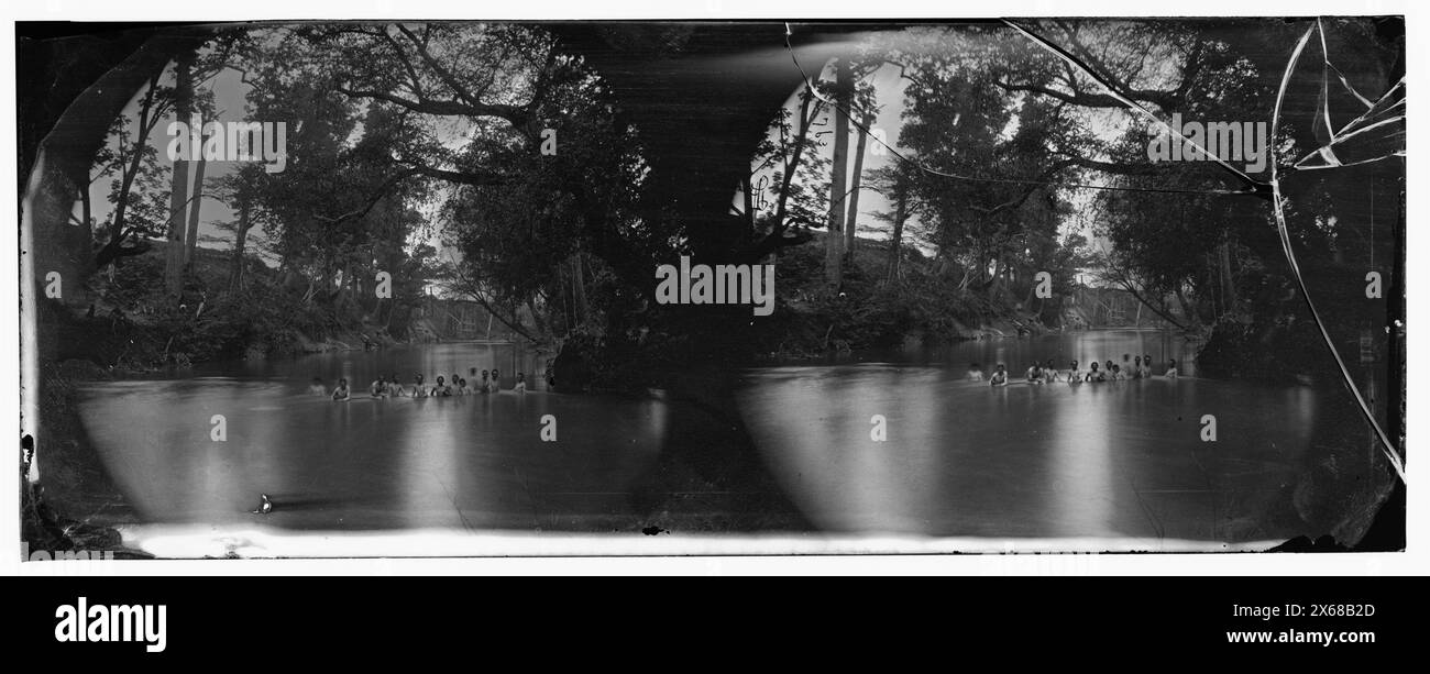 North Anna River, Virginia. Soldiers bathing. Ruins of Richmond & Fredericksburg railroad bridge