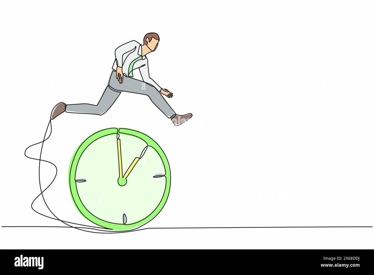 Single one line drawing confidence businessman employee worker jump over time passing clock. Smart time management, success in work strategy. Continuo Stock Vector