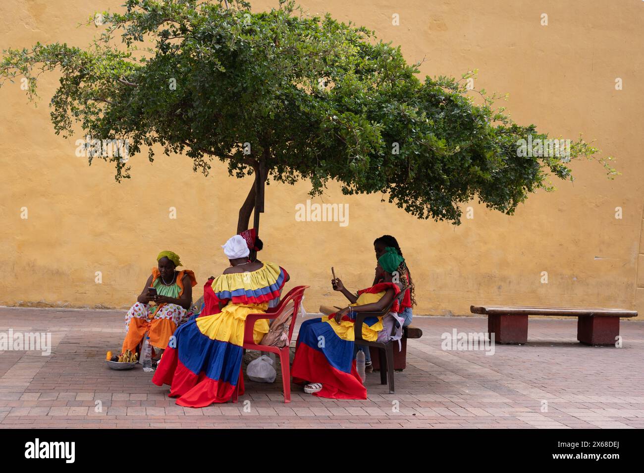 Cartagena, Colombia. 08th Feb, 2024. Traditional fruit street vendors, called palenqueras, take a break in the shade at the city gate 'Puertas de San Jose'. Credit: Sebastian Kahnert/dpa/Alamy Live News Stock Photo