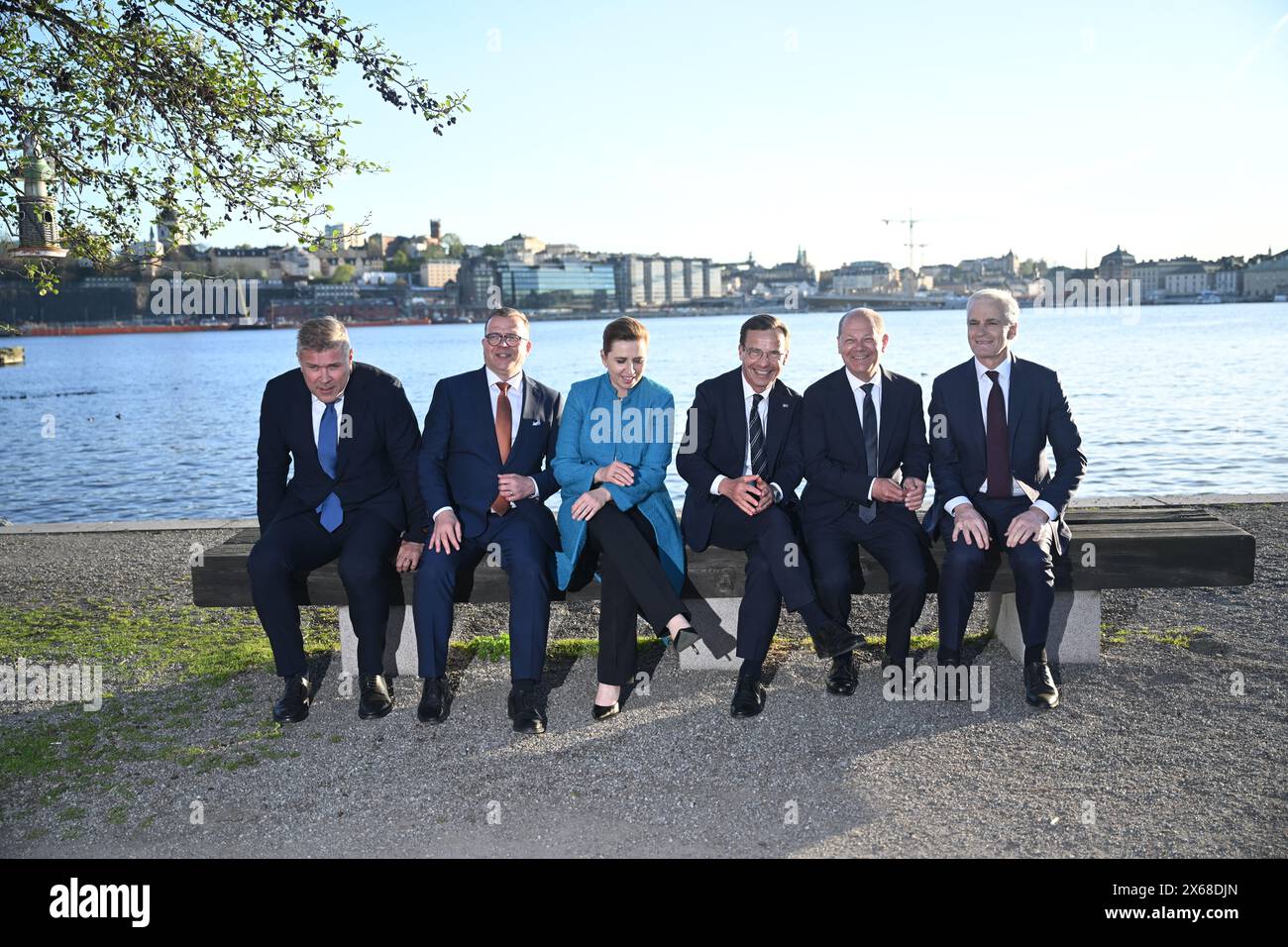 Stockholm, Sweden. 13th May, 2024. STOCKHOLM, SWEDEN 20240513(L-R) Icelandic Prime Minister Bjarni Benediktsson, Finnish Prime Minister Petteri Orpo, Danish Prime Minister Mette Frederiksen, Swedish Prime Minister Ulf Kristersson, German Chancellor Olaf Scholz and Norwegian Prime Minister Jonas Gahr Støre pose for a group photo after a joint news conference at Skeppsholmen in Stockholm, Sweden, May 13, 2024, during a two-day Nordic prime minister's meeting, on security and competitiveness. Photo: Pontus Lundahl/TT/Code 10050 Credit: TT News Agency/Alamy Live News Stock Photo