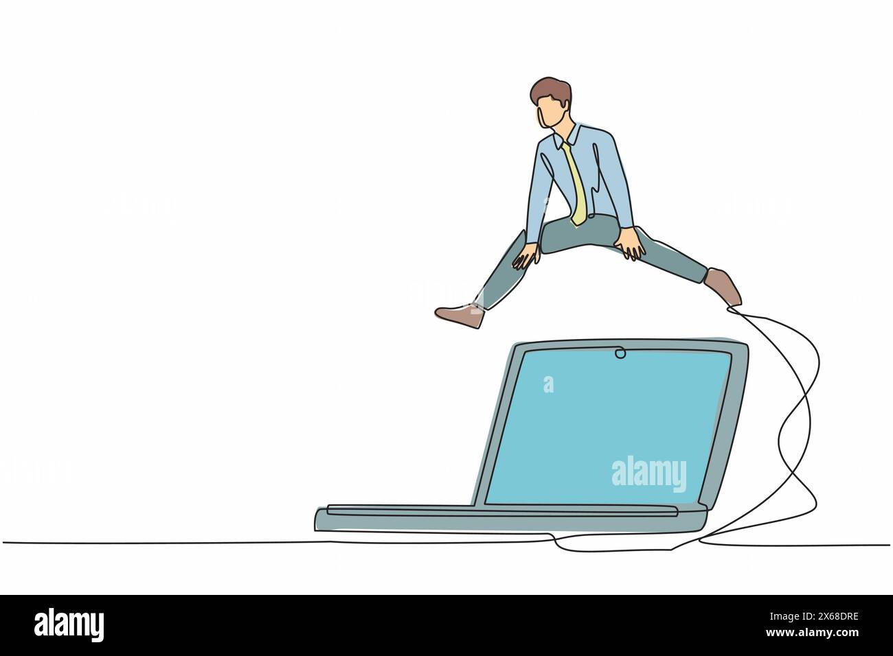 Single continuous line drawing businessman jumping over big laptop computer. Information technology digital at office. System data computing for worki Stock Vector